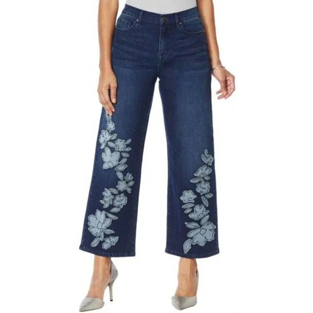 DG2 by Diane Gilman Wide Leg Crop Jeans Embroidered Frayed Hem Indigo - Picture 1 of 8